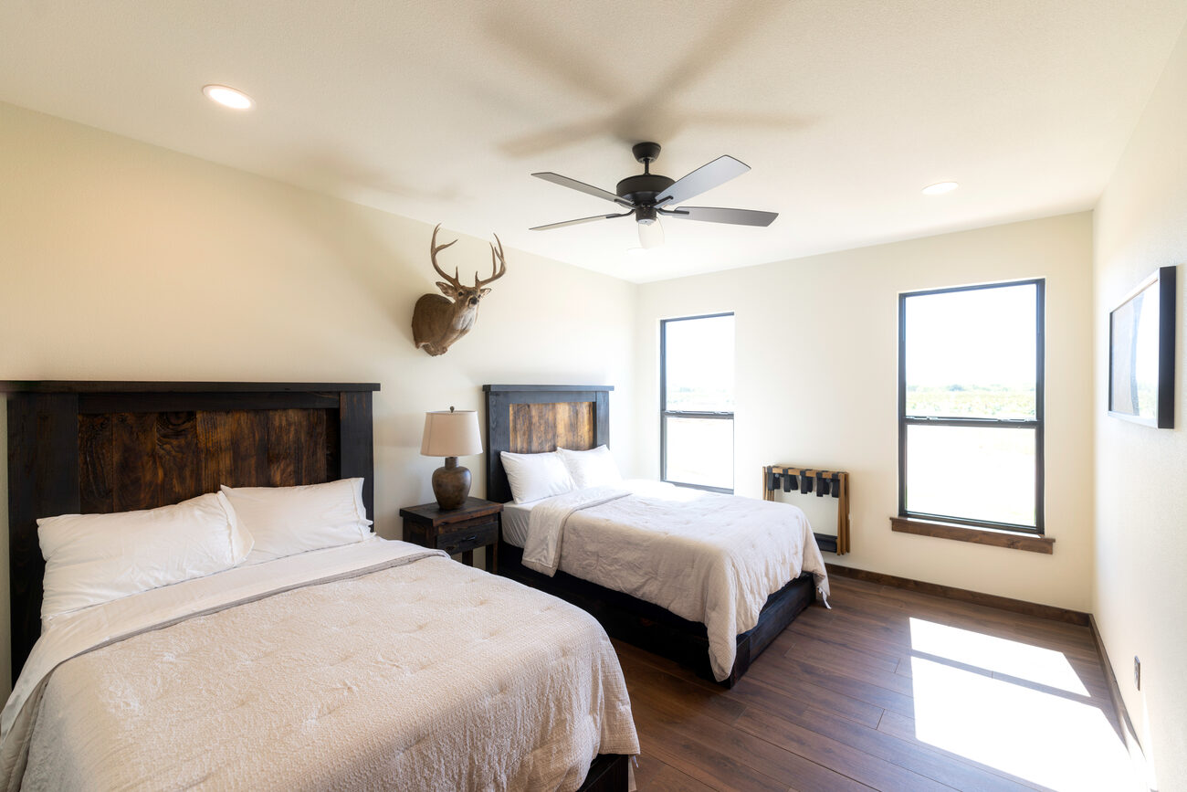 A bright bedroom with two beds