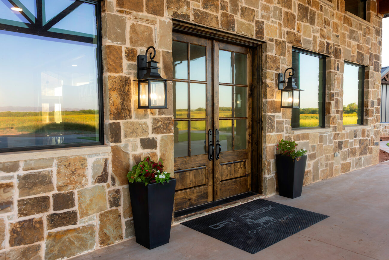 Stone entry with double doors