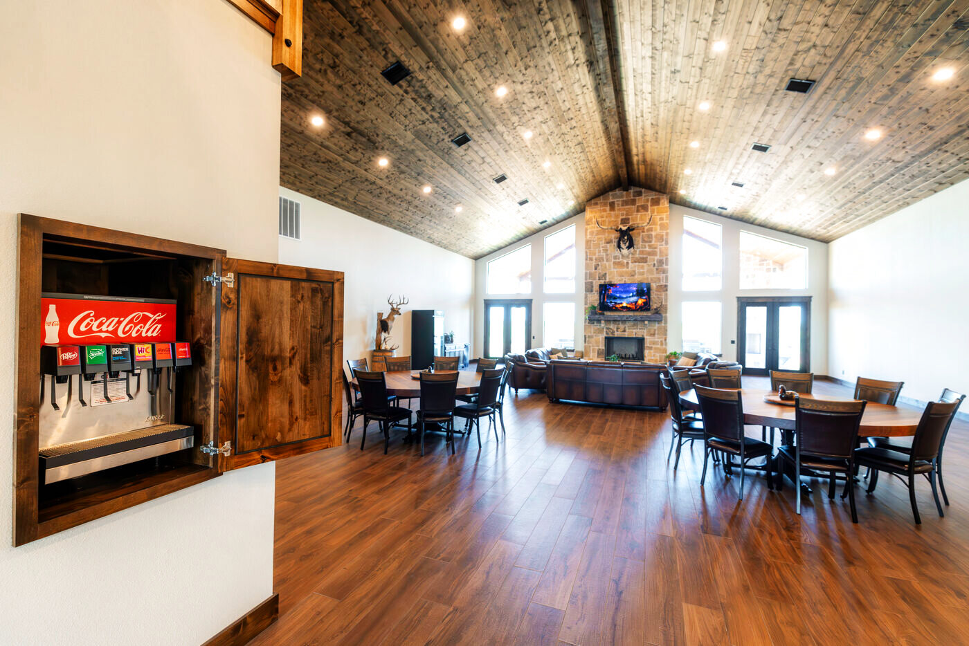 The dining hall with long tables